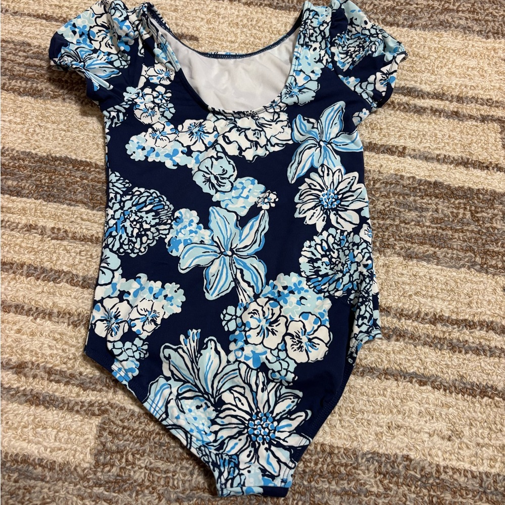 Lilly Pulitzer Navy and Light Blue Floral Kids Swim One Piece - Picture 2 of 3